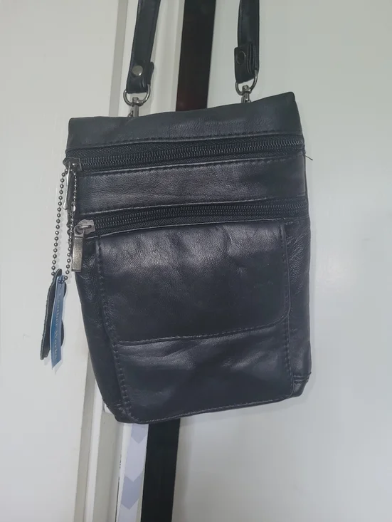 Leather Works Black Leather Crossbody Bag with Zip Pockets - Picture 1 of 9
